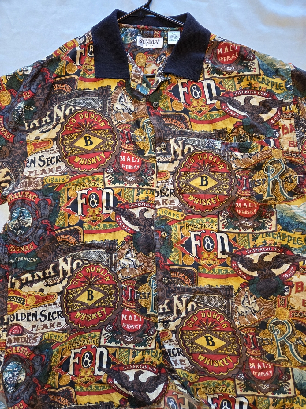Summa Silk Shirt Mens L 100% Silk Whiskey Print Button Up Short Sleeve